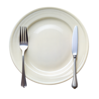 leeg wit bord met vork en mes klaar voor avondeten Aan transparant achtergrond png