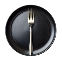 Silver Fork on a Black Plate, Top View On Transparent Background png