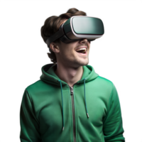 Man Wearing Virtual Reality Headset Smiling and Looking Up on Transparent Background png