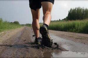 Close-up of a man's legs running along the road. Running through dusty terrain with emphasis on the runner's legs. Neural network photo