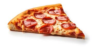 Cut off slice pizza isolated on white background. Neural network photo
