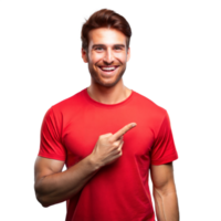 Smiling Man Pointing Right While Wearing Red T-Shirt on Transparent Background png