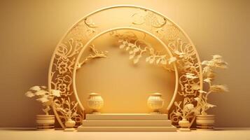 japanese style minimal abstract background.stone podium and bonsai with circle brown background for product presentation. Neural network photo