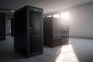 Shot of Data Center With Multiple Rows of Fully Operational Server Racks. Modern Telecommunications. Neural network photo
