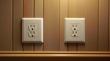 White wall mounted socket board with two electrical sockets and a switch. Neural network photo