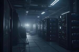Shot of Data Center With Multiple Rows of Fully Operational Server Racks. Modern Telecommunications. Neural network photo
