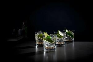 Shot glasses with tequila on bar counter. Neural network photo