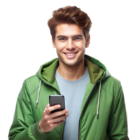 Smiling Man Using Smartphone in Green Jacket on Transparent Background png