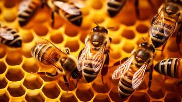 bee on honeycombs with honey slices nectar into cells. Neural network photo
