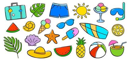 Summer icon doodle set on white background. Summer hand drawn symbols and objects. vector