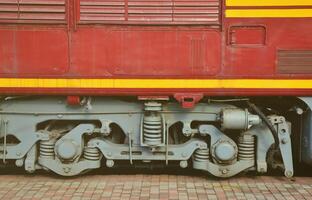 The wheels of a modern Russian electric train with shock absorbers and braking devices. The side of the cab photo