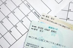 Japanese my number card specimen and notification card on calendar background photo