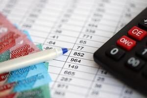 Business calculations with indonesian rupiah money bills and calculator with pen on office table photo