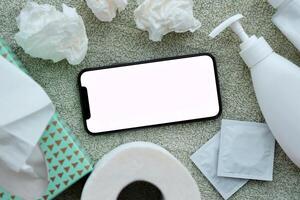 Mockup for adult content website or app on smartphone display with porn watching attributes around photo