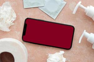 Mockup for adult content website or app on smartphone display with porn watching attributes around photo