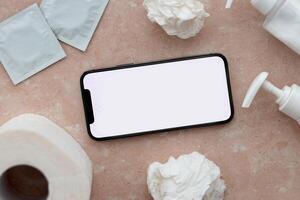 Mockup for adult content website or app on smartphone display with porn watching attributes around photo