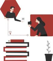 Pairing teacher sending file online flat design illustration isolated in white background vector