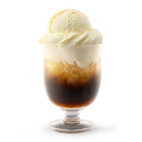 Root beer with vanilla ice cream and foam swirling in a glass with liquid splattering png