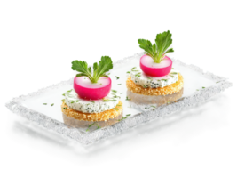 Canapes goat cheese and herb with radish on a parmesan crisp served on a transparent png