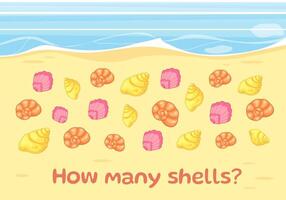 Logic game for education of kids. Count how many objects are on the picture. Shells, beach and sea vector