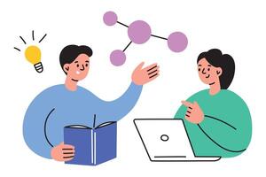 Students working on a project together, discussing ideas, researching in books and on a laptop. illustration in flat cartoon style, highlighting teamwork, education, and academic collaboration vector