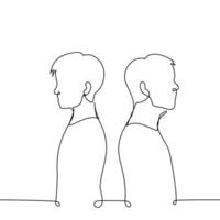 two men stand with their backs to each other next to each other - one line art . concept of covering from the rear, quarrel between friends, brothers vector