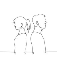 woman and a man stand with their backs to each other next to each other - one line art . concept of covering from behind, couple quarrel, siblings vector