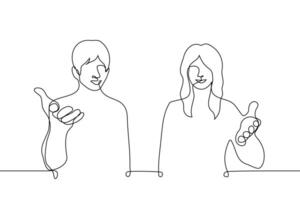 smiling man and woman stand next to each other in a welcoming welcome gesture and look at the camera - one line art . concept of hospitable hosts, couple invite or welcome guests vector