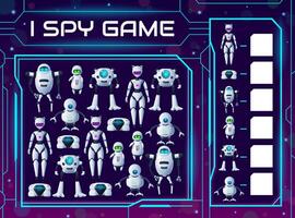 Kids riddle I spy game, cartoon robots and droids vector