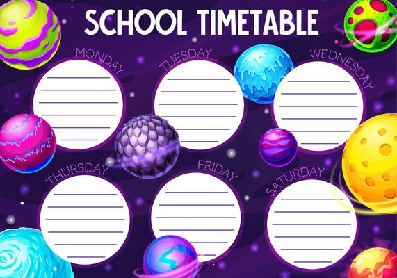 Cartoon galaxy and space planets school timetable