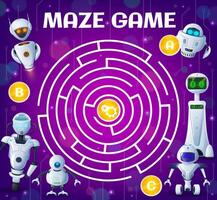 Kid labyrinth maze game, cartoon robots and droids vector
