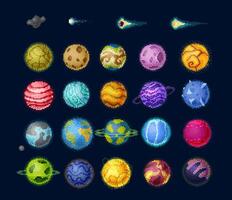 Pixel game space planets and stars, asteroids set vector