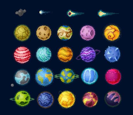 Pixel game space planets and stars, asteroids set