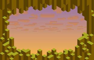 Cubic pixel game level background, mountains, sky vector
