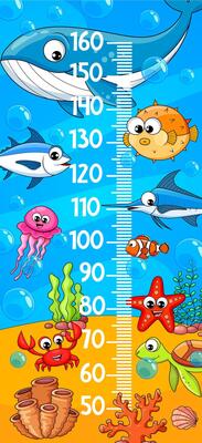 Kids height chart cartoon underwater animals, fish