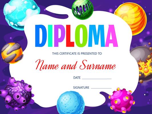 Diploma, kids education certificate, cartoon space