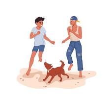 Two boys running on beach, playing with dog vector