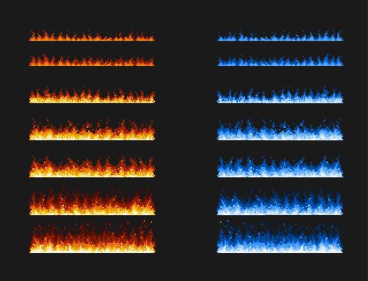Pixel art fire game animation, blue and red flames
