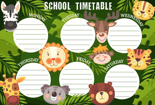 School timetable schedule with funny animals.