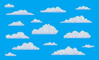 White pixel fluffy clouds on sky, 8 bit art game vector