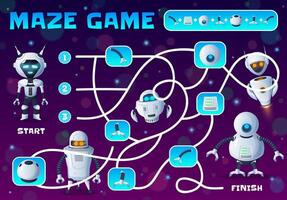 Kids labyrinth maze, cartoon robots and androids vector