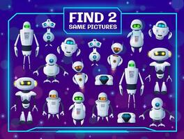 Cartoon funny robots, find two same droid picture vector