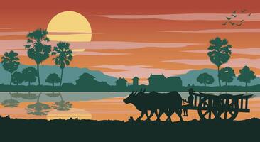 Life style of Asean in the morning while cow cart ahead to do work vector