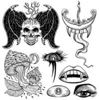 Design set with line art hand drawn mystic objects and symbols of scary demon skull, magic mushrooms, vampire lips and teeth, third eye isolated on white. Esoteric, Halloween and occult concept vector