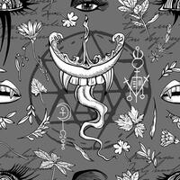 Seamless pattern with hand drawn mystic objects and symbols of pentagram and vampire lips and teeth. Esoteric, Halloween and occult concept vector