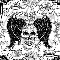 Seamless pattern with hand drawn mystic objects and symbols of scary demon and herbs. Esoteric, Halloween and occult concept vector