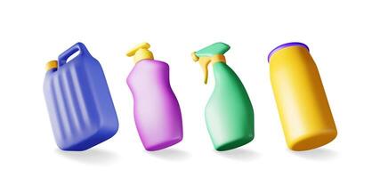 3D set of bottles with liquid detergent isolated. Render collection of canister, spray icon with cleaner, soap or dishwashing. Plastic bottle with dispenser for cleaning products. vector