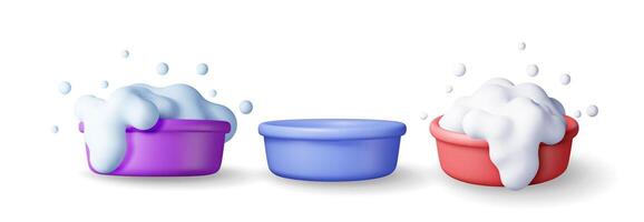 3d set of plastic bucket with soapy foam and empty isolated. Render bucket basin collection icon for cleaning and washing. House cleaning equipment household accessories. vector