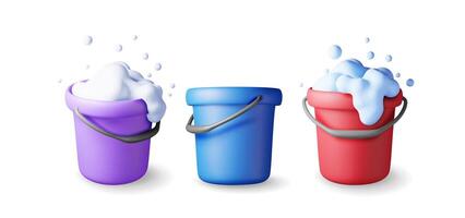 3d set of plastic bucket with soapy foam and empty isolated. Render bucket basin collection icon for cleaning and washing. House cleaning equipment household accessories. vector