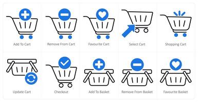 A set of 10 shopping icons as add to cart, remove from cart, favorite cart vector